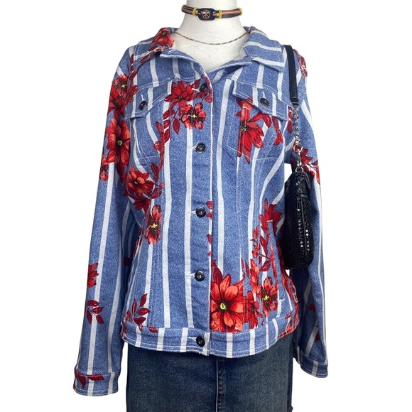 Diane Gilam Jacket Women's Medium Blue Red Floral Button Up Boho Retro - Picture 1 of 8